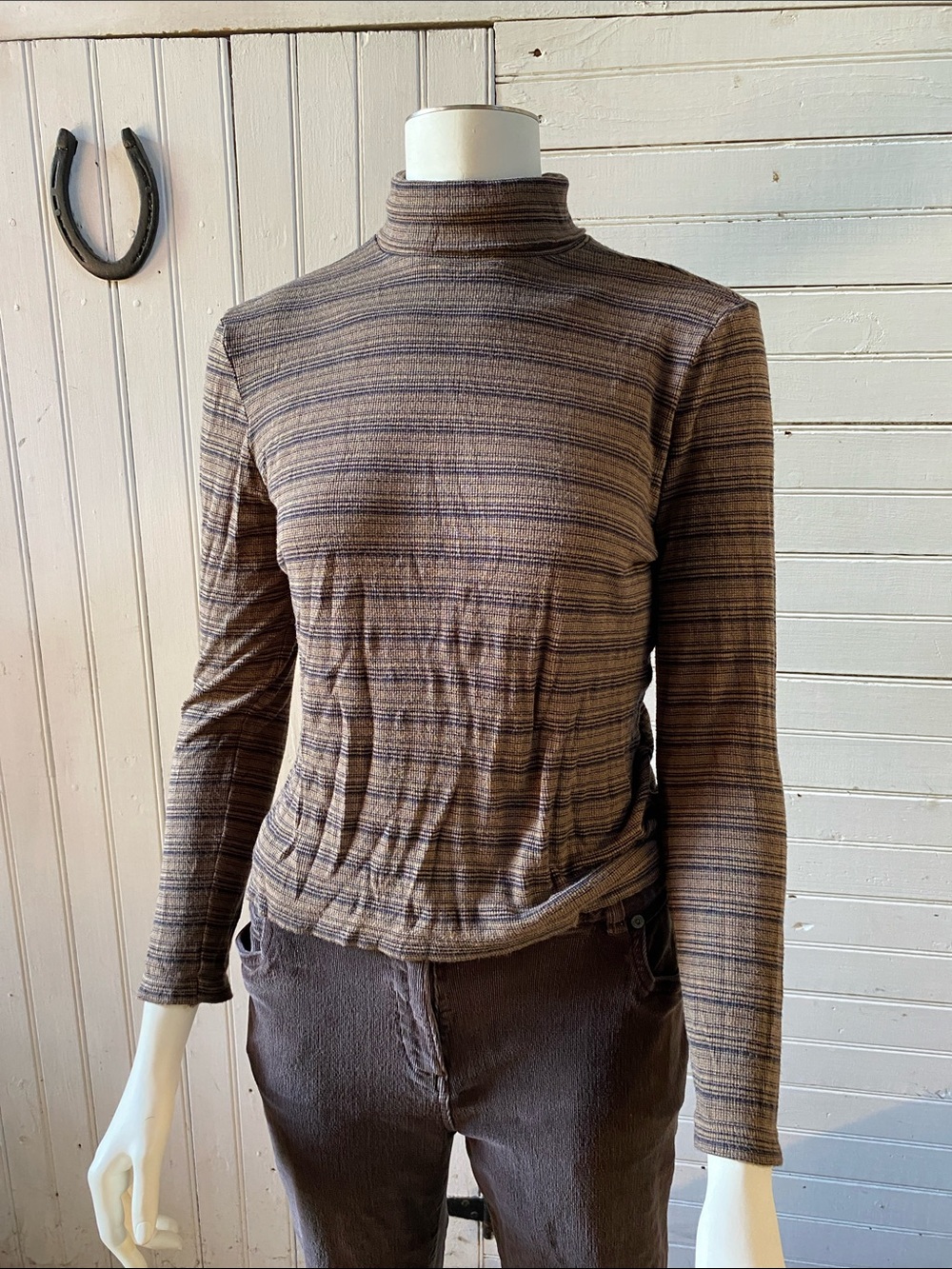 White Stag Brown Striped Turtle Neck Long Sleeve Top